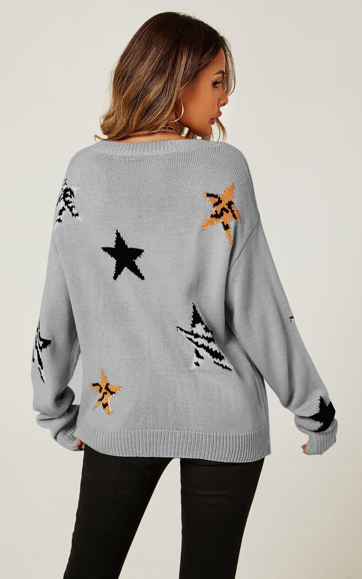 Relaxed Soft V Neck Animal Star Pattern Jumper Top In Beige