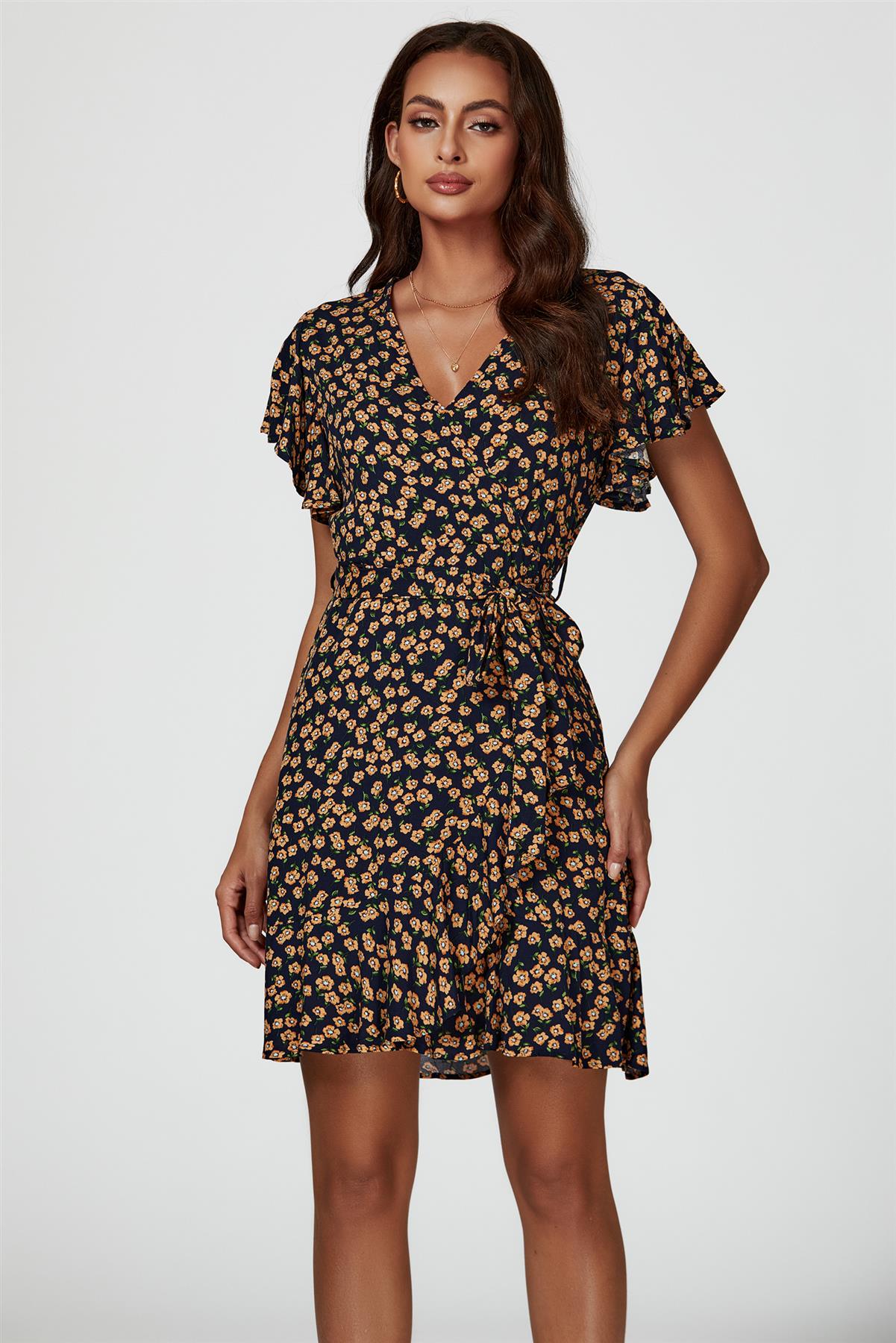 Floral Print Wrap Top Dress In Navy