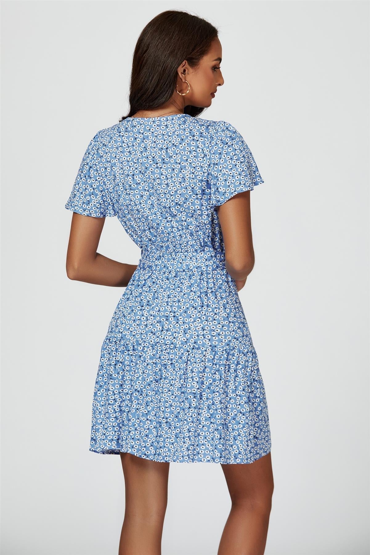 Floral Print Hem Tiered Wrap Mini Dress In Blue