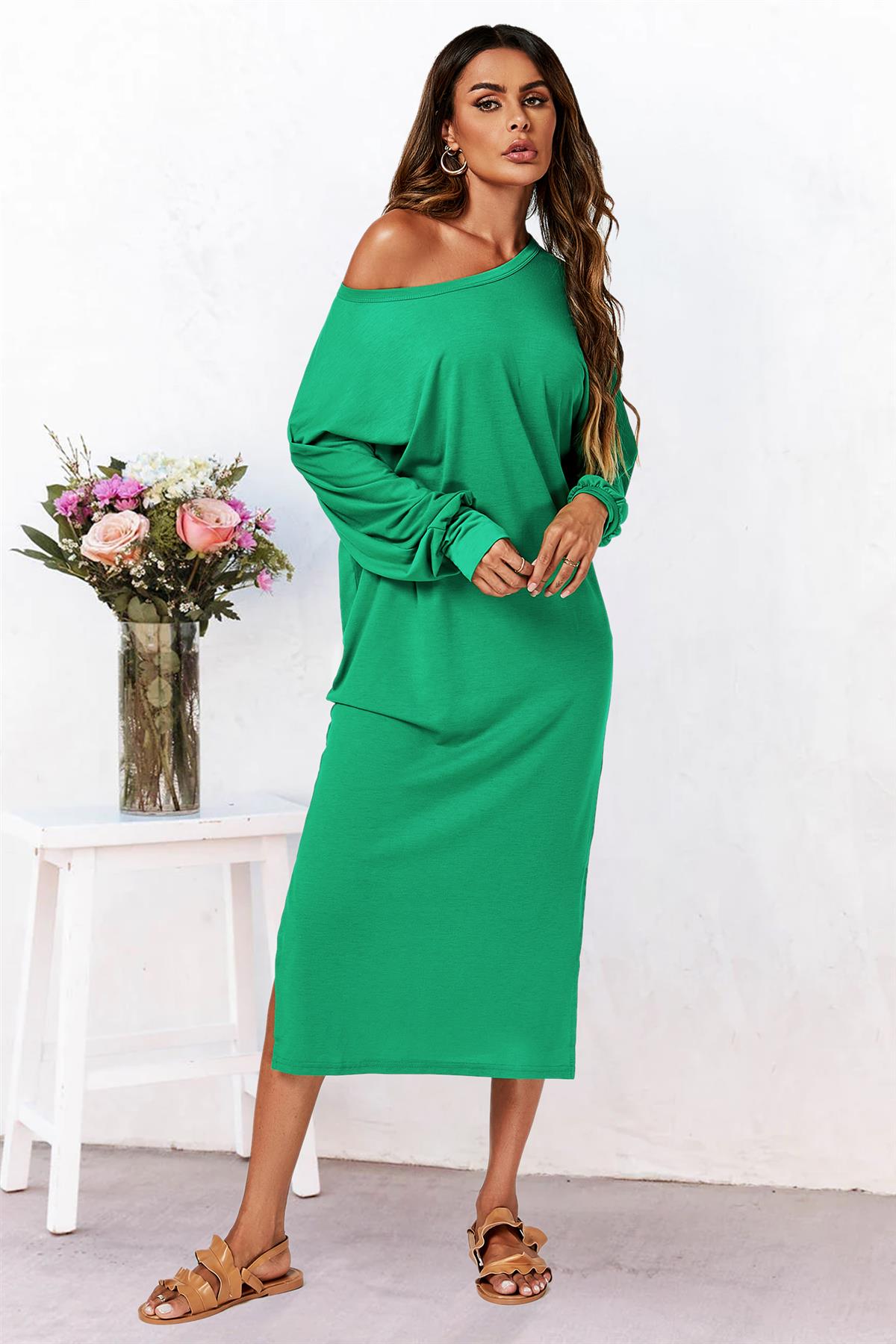 Oversized Midaxi Long Sleeve Slit Jersey Dress In Green 