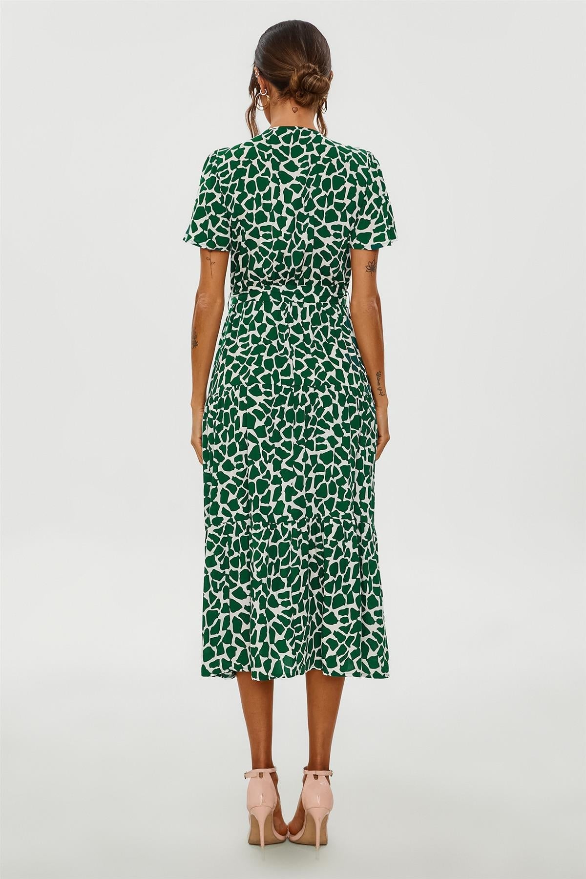 Geo Print Hem Tiered Wrap Midi Dress In Green