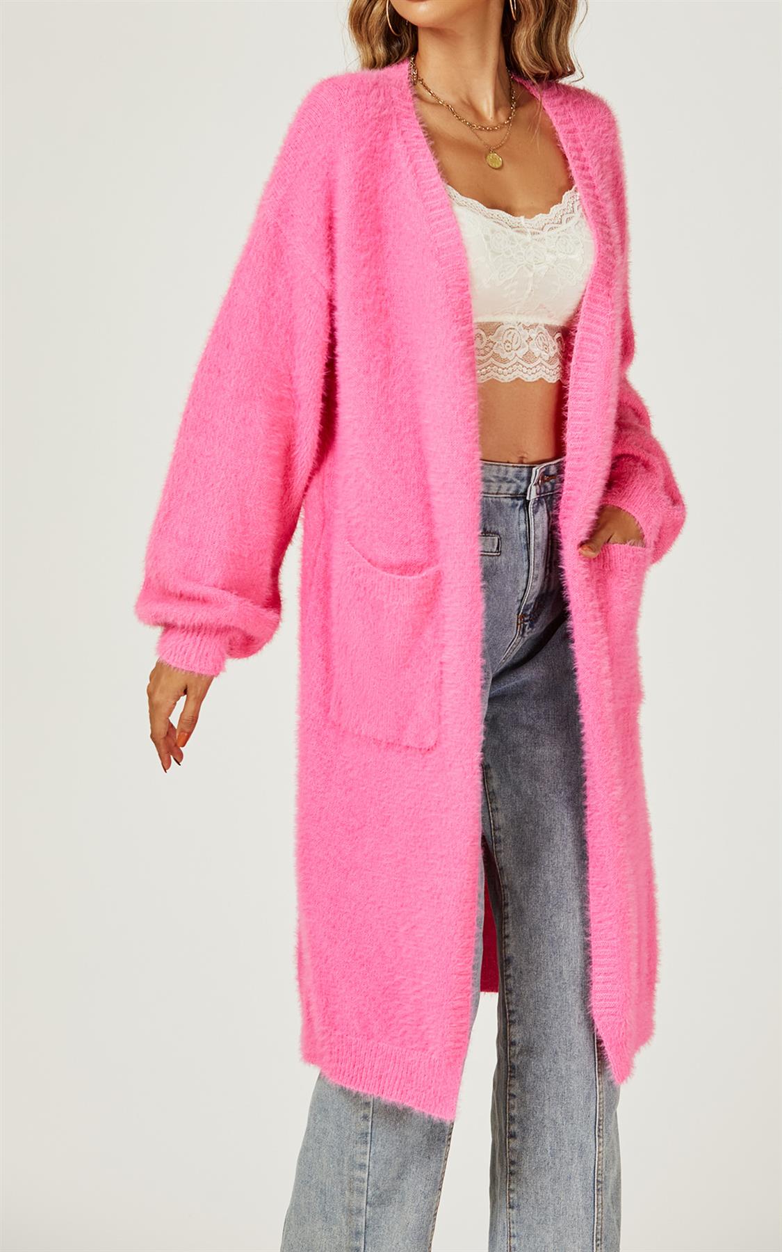 Relaxed Cozy Soft Cardigan In Fuchsia Pink