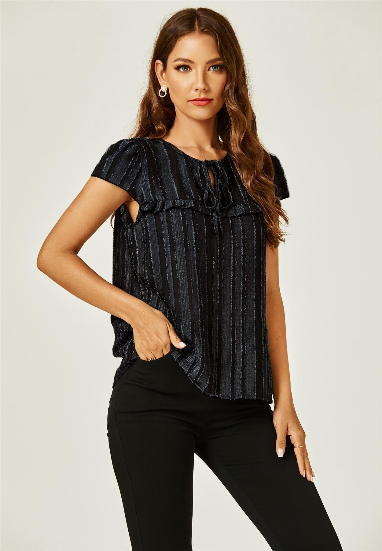 Flocked Tulle Sheer Top In Black