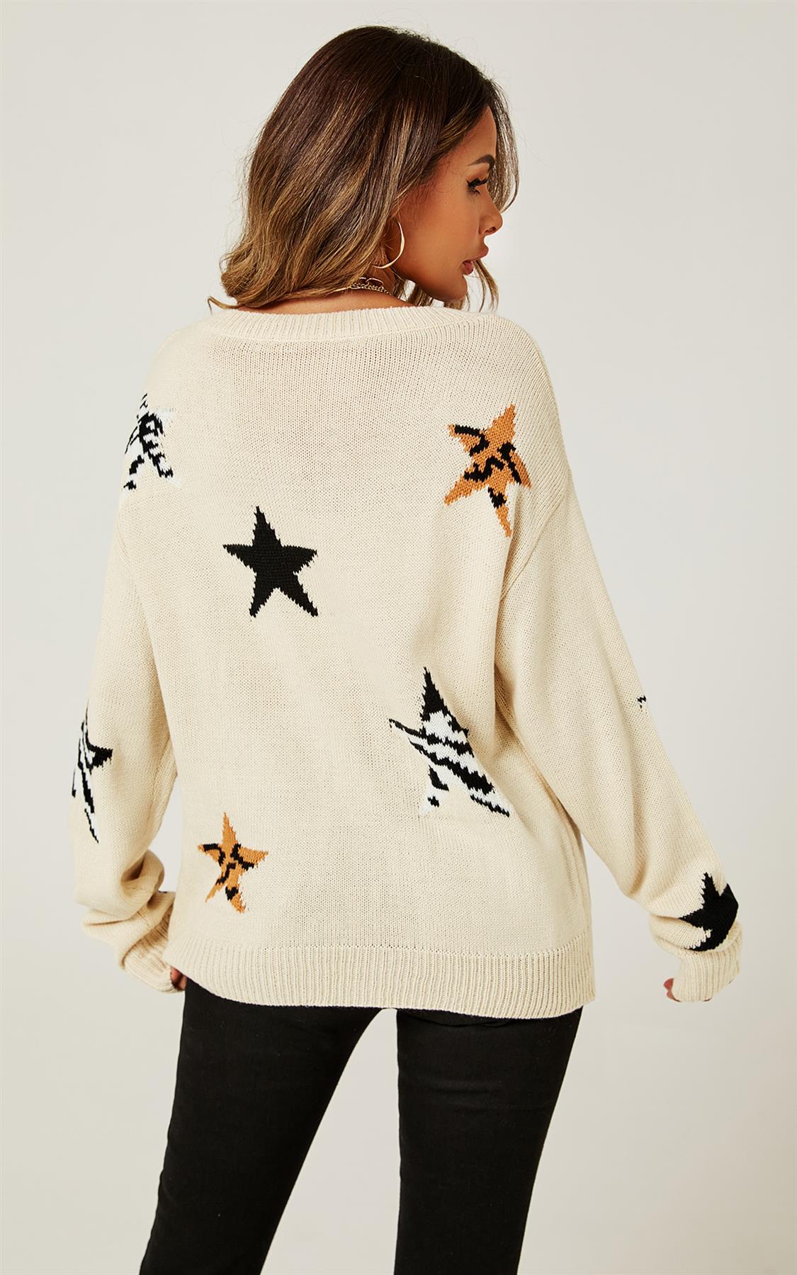 Relaxed Soft V Neck Animal Star Pattern Jumper Top In Beige