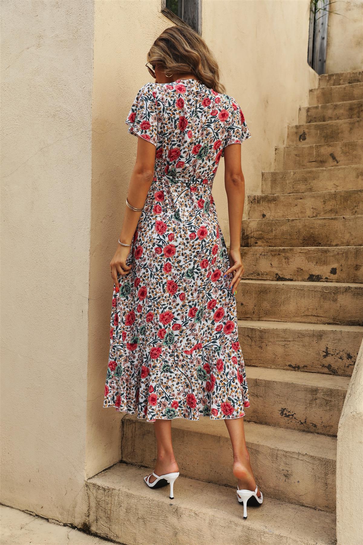 Floral Print Wrap Hem Midi Dress In White