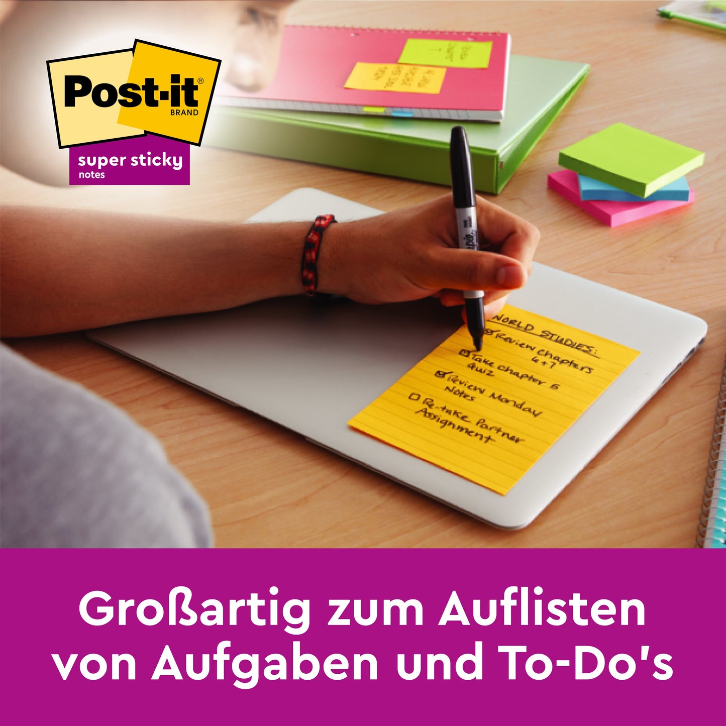 Post-it® Super Sticky Notes im Großformat, Verschiedene Farben, Liniert, 101 mm x 152 mm, 75 Blatt/Block, 3 Blöcke/Packung, 100% PEFC, SGSCH-PEFC-COC-110078 | Packung (1 Stück)