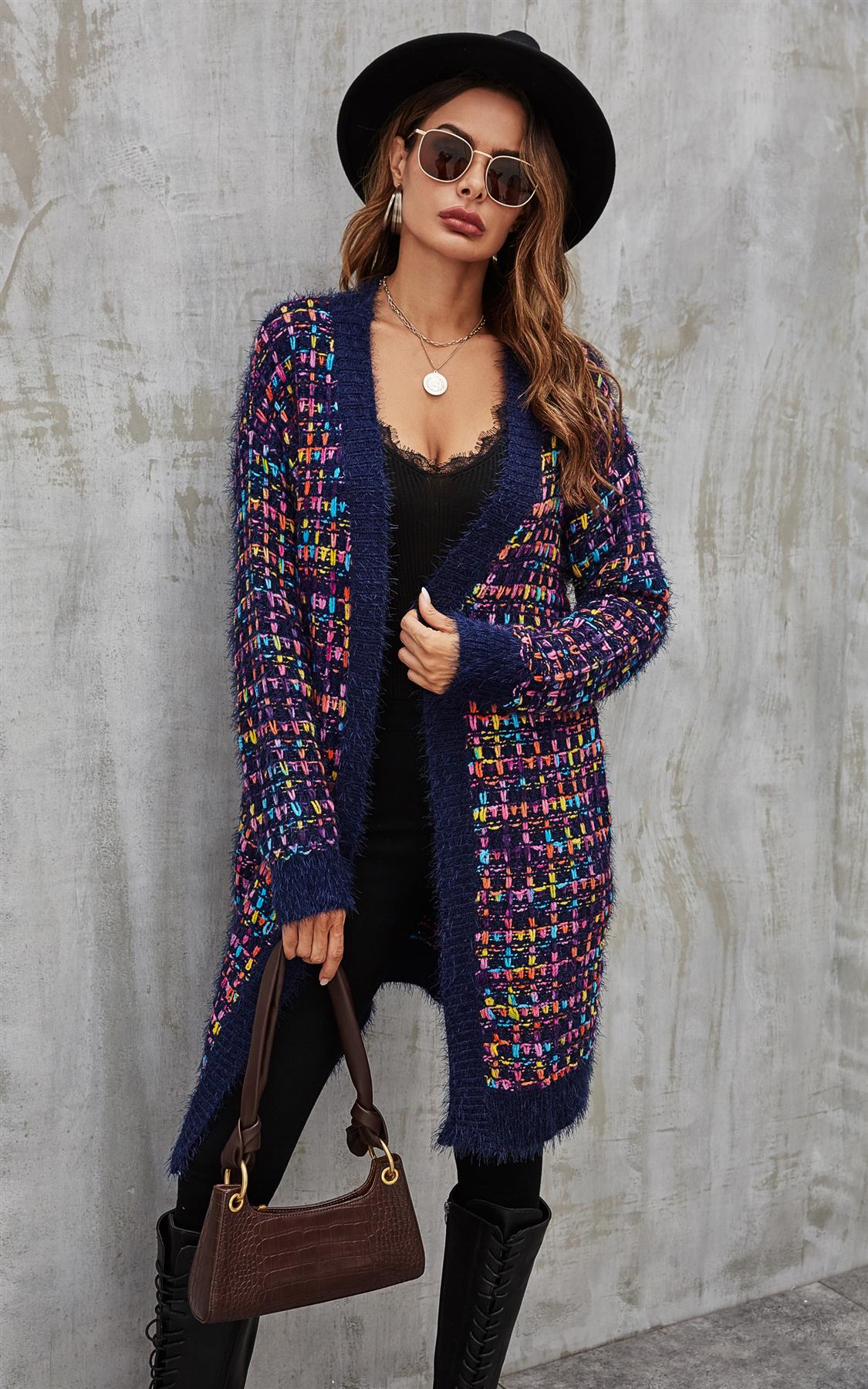 Pink mix Multi color Speckles Boucle Check Cardigan In Navy