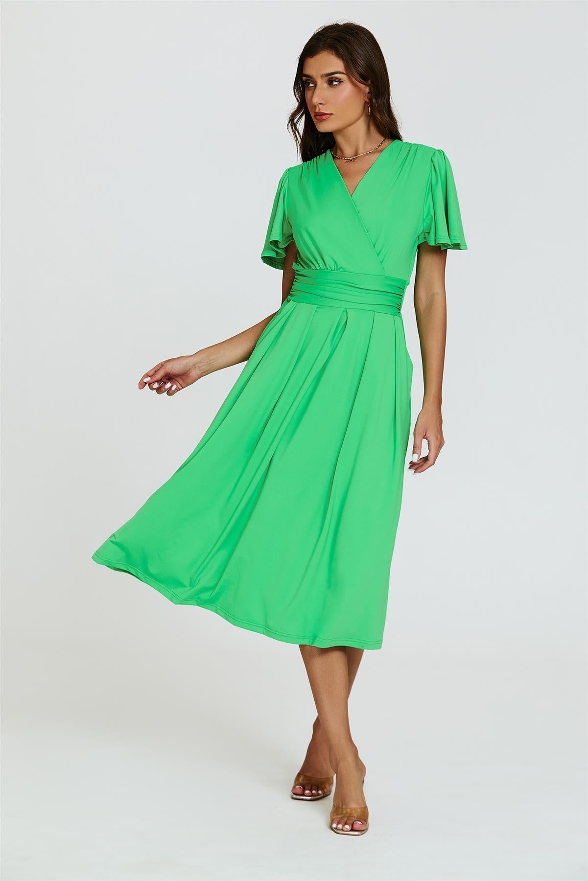 Angel Sleeve Jersey Midi Dress In Green