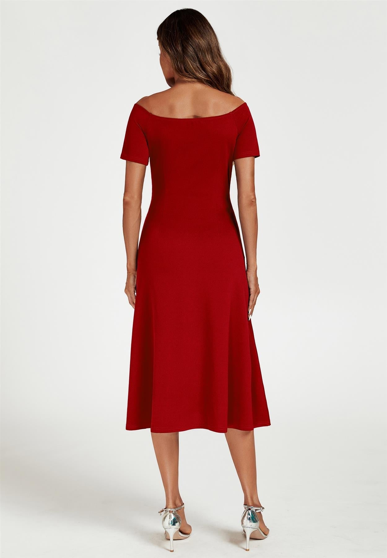 Bardot Midi Dress in Red