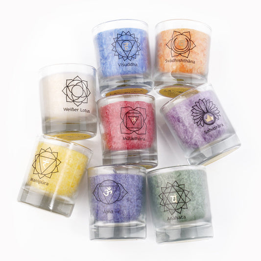 8 Chakra Palmwachs im Glas Set