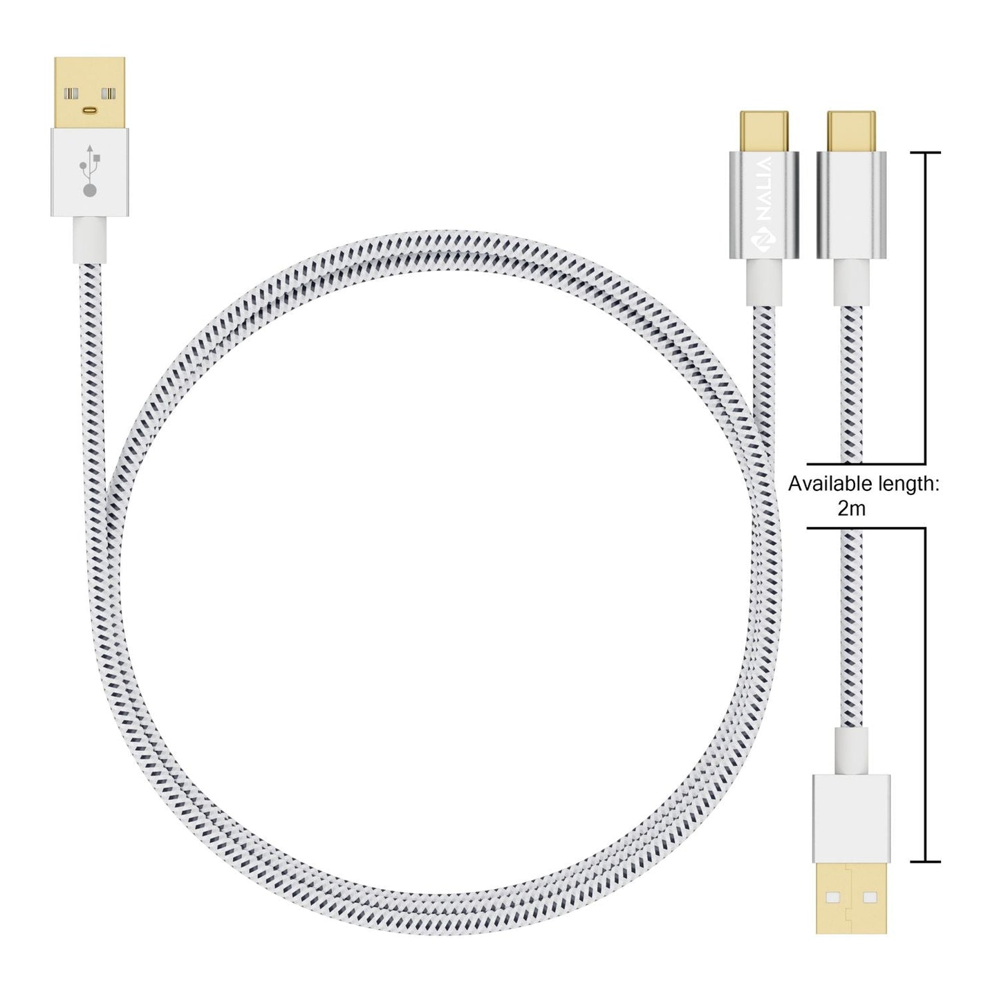 2m USB-C to USB 2.0 cable from NALIA, durable nylon sync data charging cable