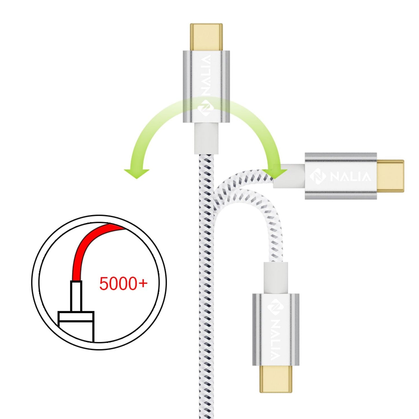 2m USB-C to USB 2.0 cable from NALIA, durable nylon sync data charging cable