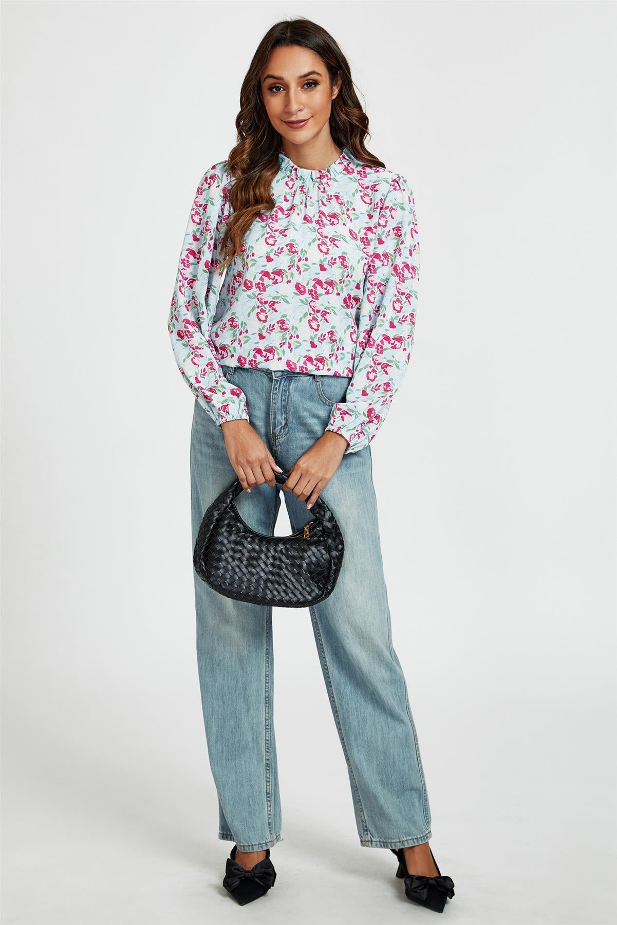 Floral Print Frill Detail High Neck Top In Blue &amp; Pink