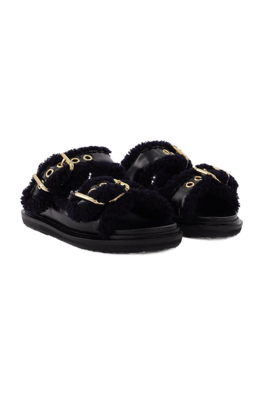 Slides Fussbett aus schwarzem Leder