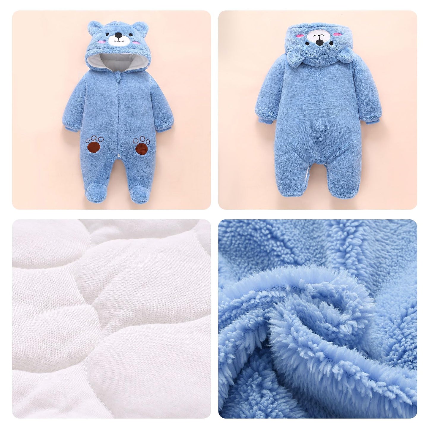 Vetrarsnjógalli fyrir börn, spariföt fyrir stráka og stelpur, eitt stykki með hettu, snjógallasett fyrir smábörn, þykkt og hlýtt, blátt, 3-6 mánaða 