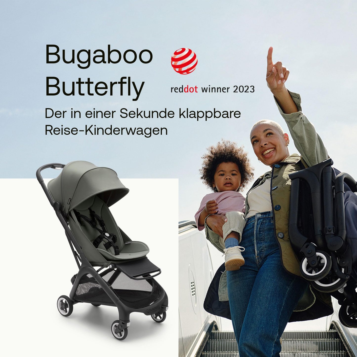 Bugaboo Butterfly afar nettur ferðavagn, lítill og léttur, leggst saman með annarri hendi og er auðveldur í stýringu, vinnuvistfræðilegur borgarvagn fyrir börn frá 6 mánaða aldri, með miklu geymslurými, skógargrænn