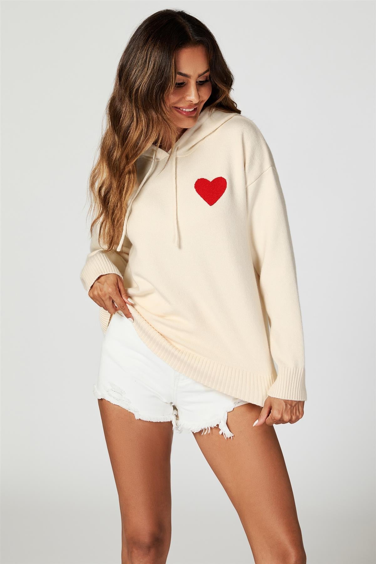 Heart Embroidery Knitted Hoodie In Cream