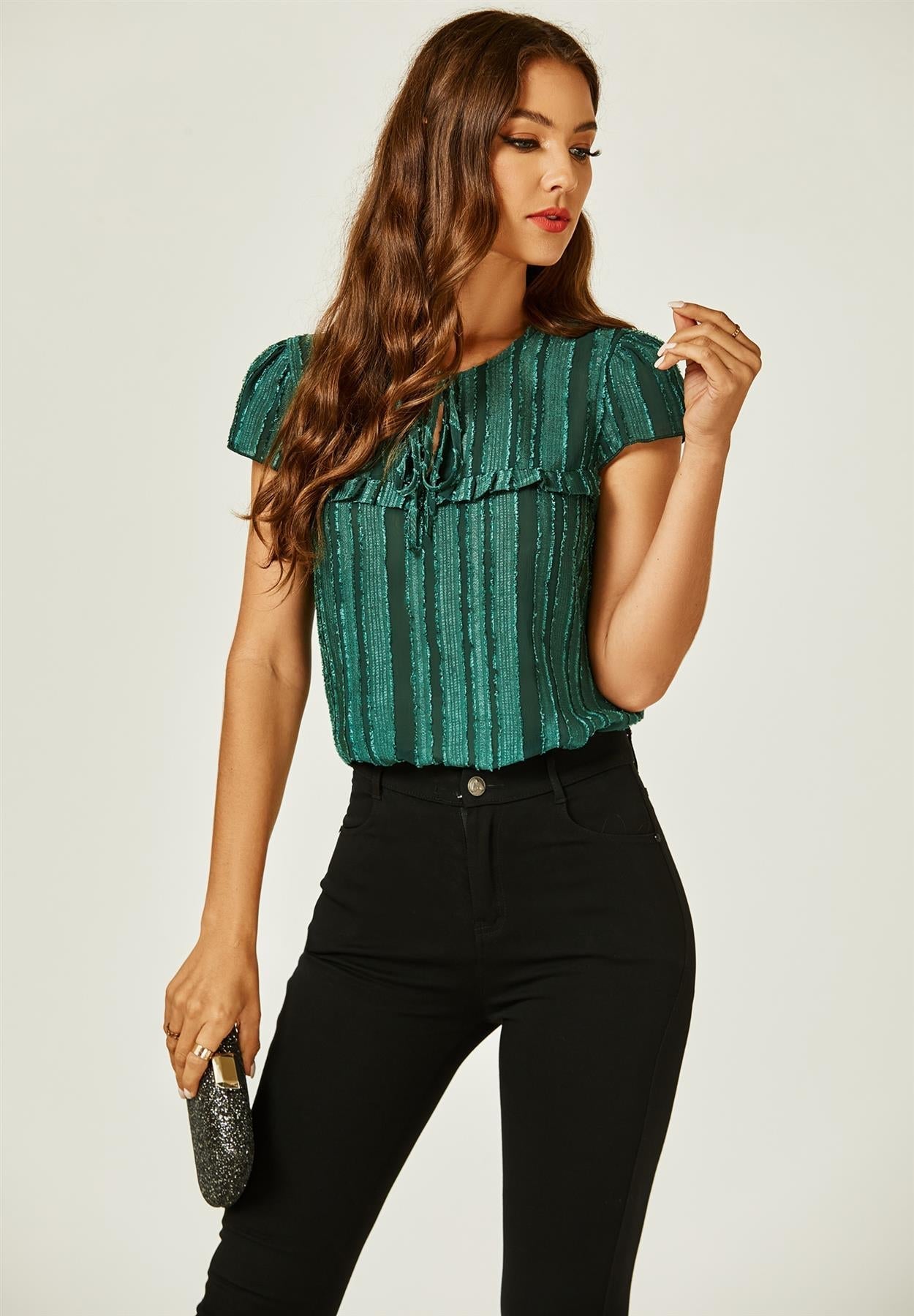 Flocked Tulle Sheer Top In Green