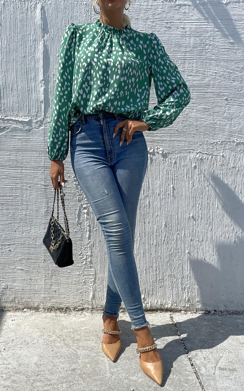 Animal Print Frill Detail High Neck Top In Green