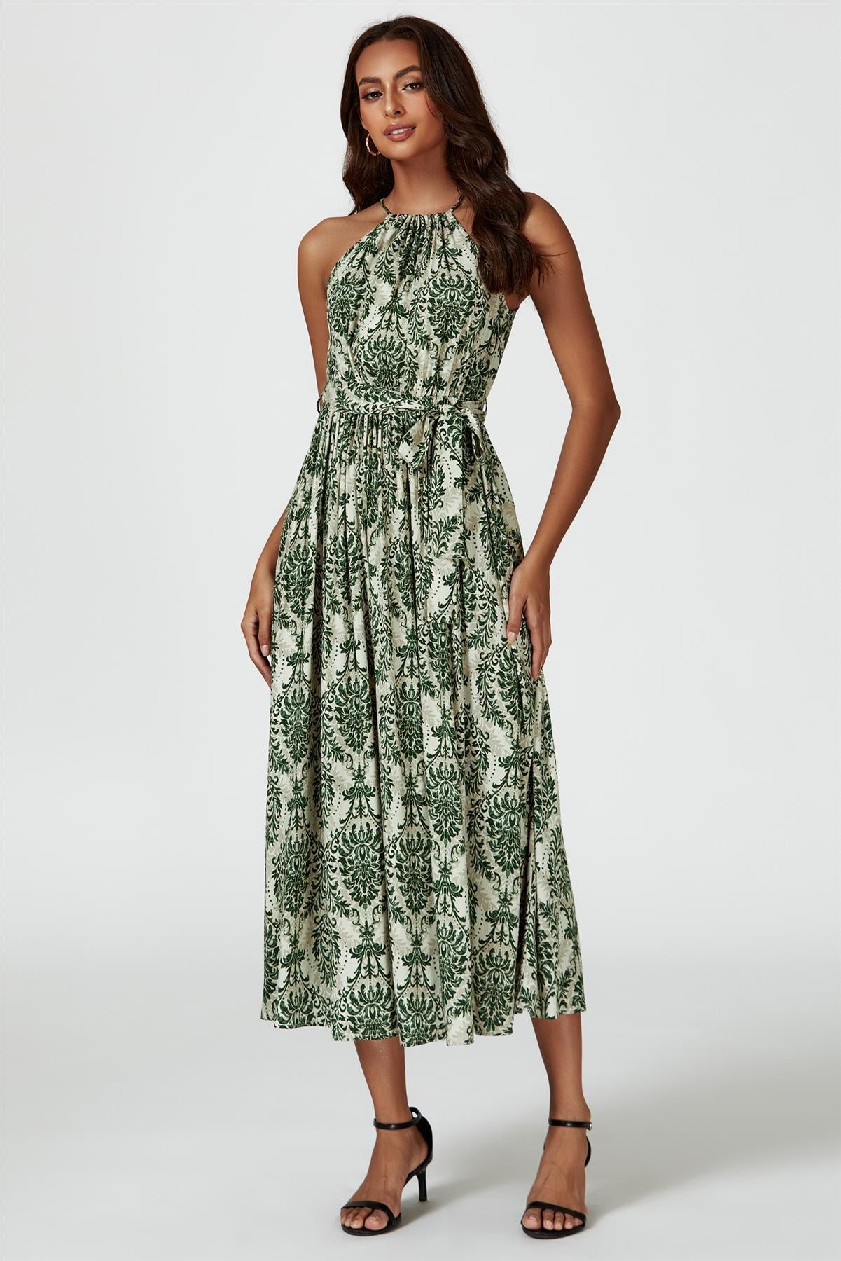 Green &amp; Beige Floral Print Tie Halterneck Maxi Dress