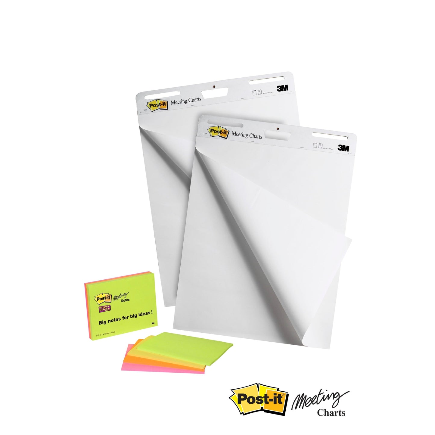 Post-it® Super Sticky selbsthaftendes Meeting Chart/Flipchart 559P, Weiß, 63,5 cm x 76,2 cm, Promotion + Post-it® Super Sticky Meeting Notes, Verschiedene Neonfarben, 2 Blöcke + 4 Gratis/Packung, 100% PEFC, SGSCH-PEFC-COC-110078 | Packung (1 Set)