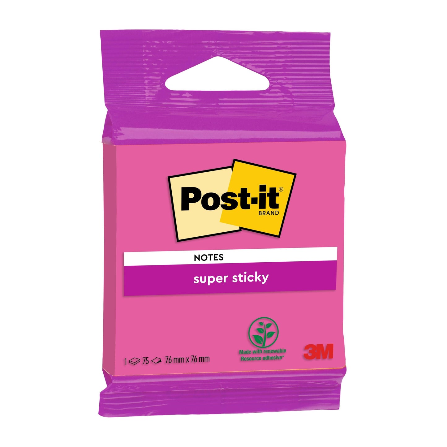 Post-it® Super Sticky Notes 6820S3, 76 x 76 mm, neongrün, neonpink, ultragelb, ultragrün, ultrapink, 1 Block à 75 Blatt, 100% PEFC SGSCH-PEFC-COC-110078 | Packung (1 Stück)