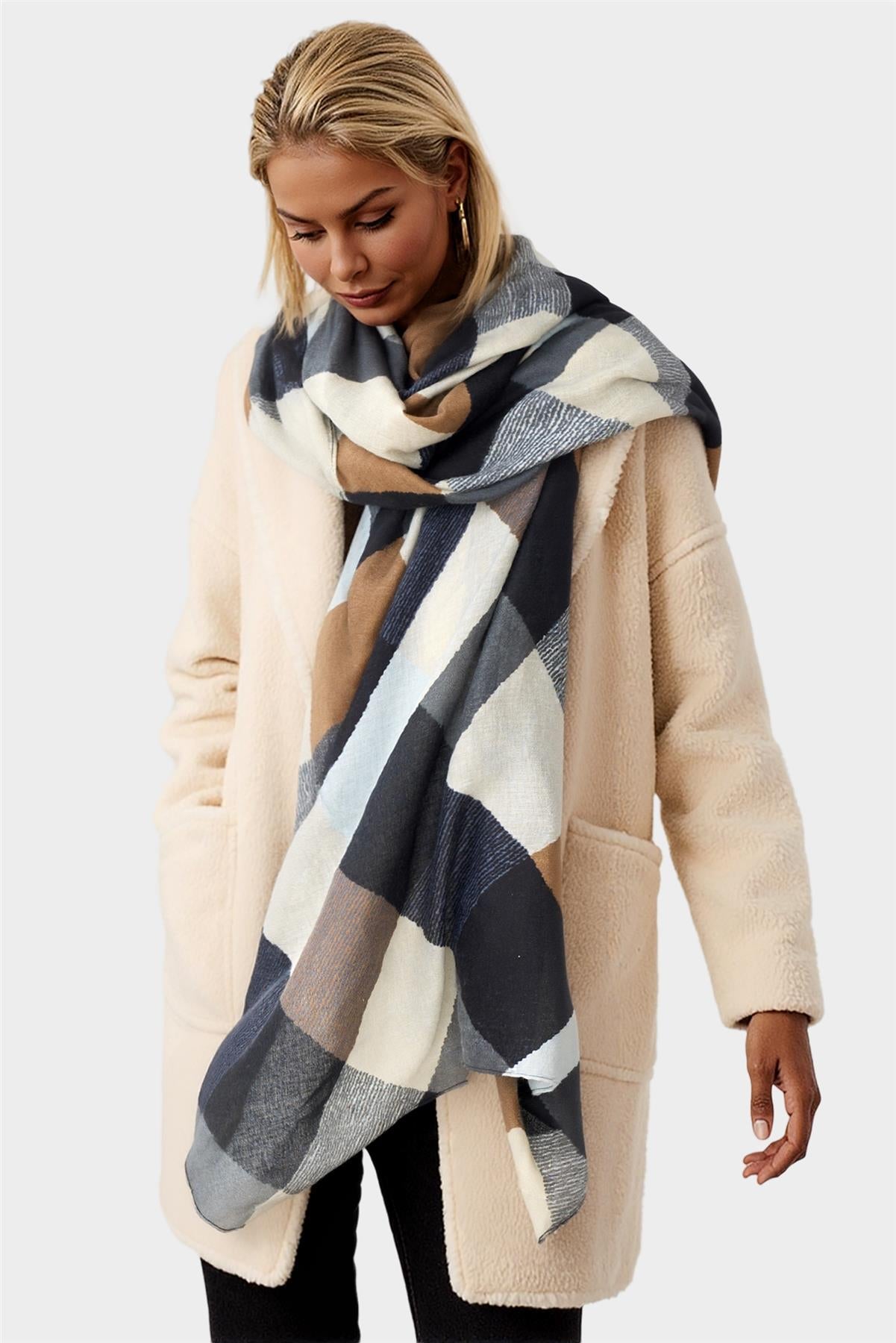 Geo Print Scarf In Brown & Black & Grey