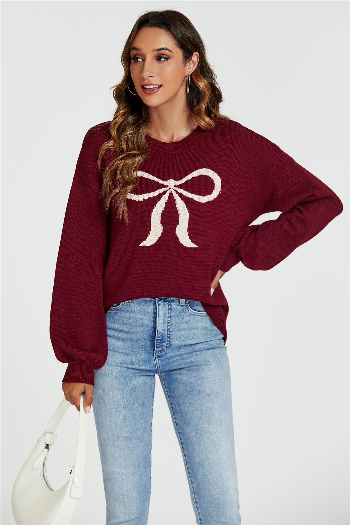 Bow Pattern Jumper Top In Wine