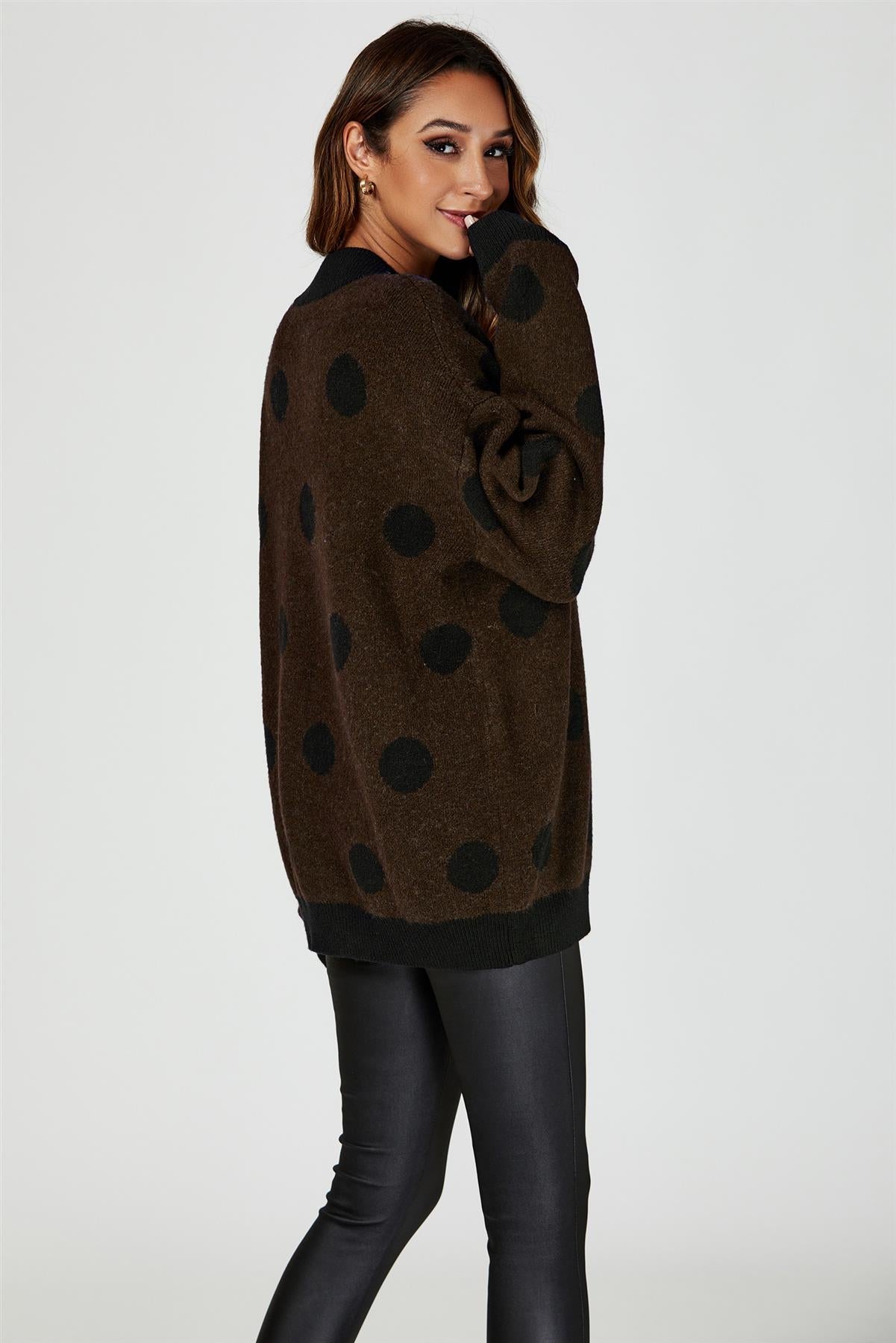 Wool Blended V Neck Jumper In Brown &amp; Black Polka Dot