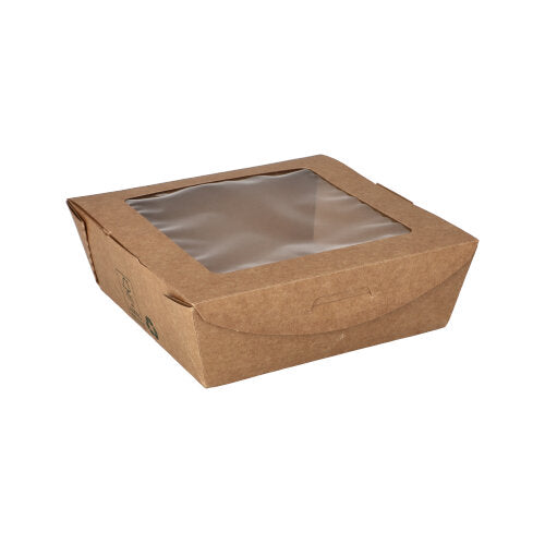 PAPSTAR 40 Feinkostboxen, Pappe mit Sichtfenster aus PLA eckig 650 ml 4,5 cm x 12 cm x 12 cm braun "100% Fair" | Folie (40 Stück)