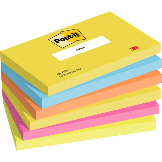 Post-it® Notes, Energetic Collection, 76 mm x 127 mm, 100 Blatt/Block, 6 Blöcke/Packung, 100% PEFC, SGSCH-PEFC-COC-110078  | Packung (1 Set)