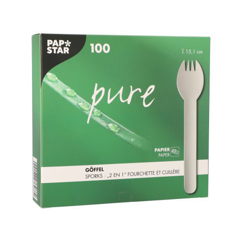 PAPSTAR 100 Göffel, Papier "pure" 16 cm weiss | Faltschachtel (100 Stück)