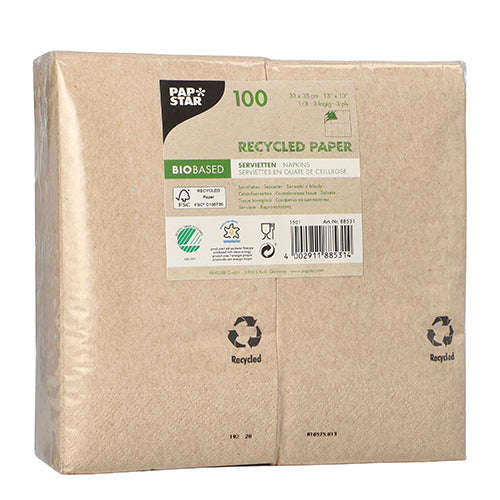 PAPSTAR 100 Servietten, 3-lagig 1/8-Falz 33 cm x 33 cm natur aus recyceltem Papier | Folie (100 Stück)