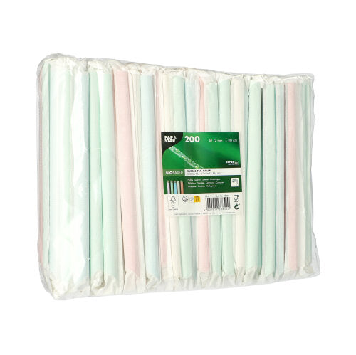 PAPSTAR 200 Bubble Tea Halme Papier Ø 12 mm · 20 cm farbig sortiert einzeln gehüllt, einseitig spitz | Folie (200 Stück)