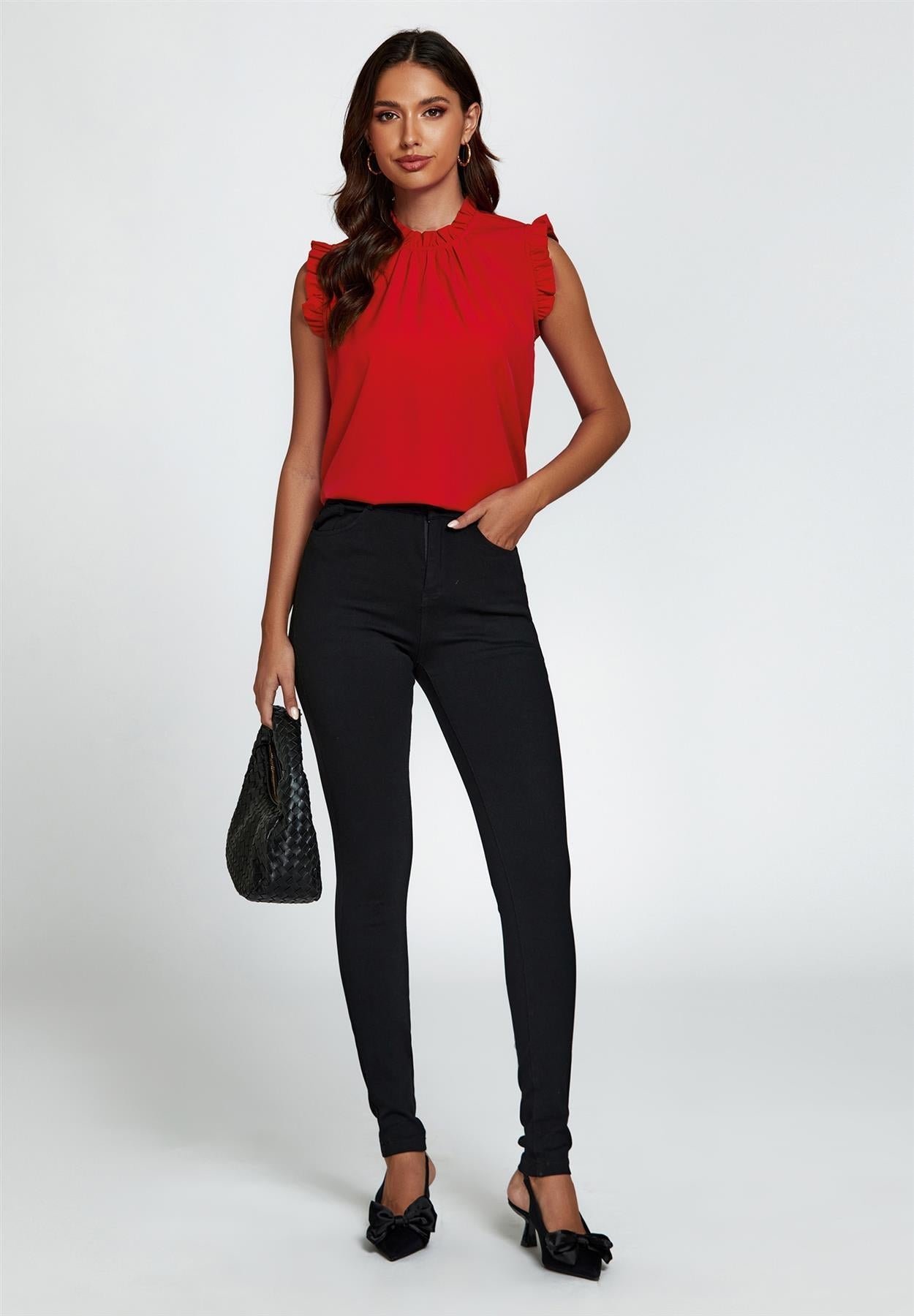 Frill Trim Sleeve Frill Neck Blouse Top In Red