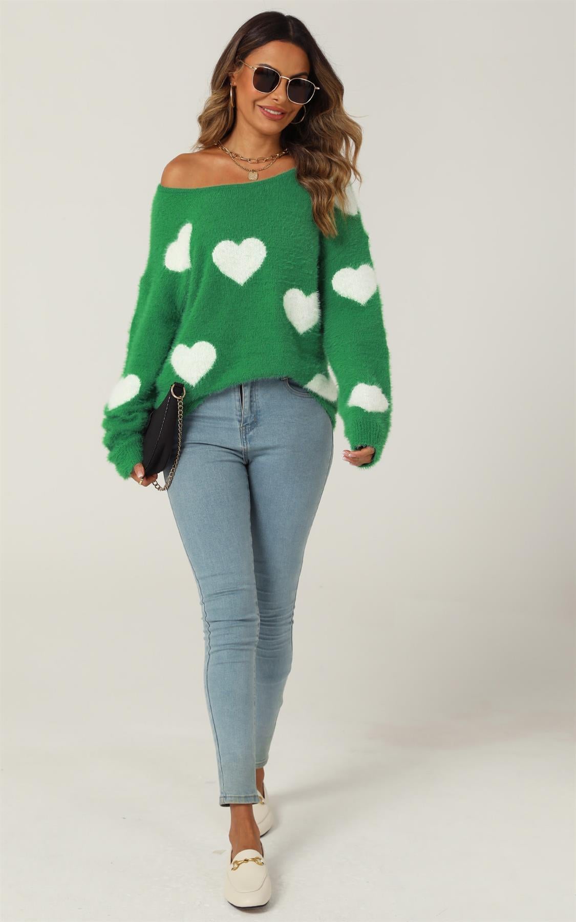 Relaxed Comfy White Heart Pattern Jumper Top In Green