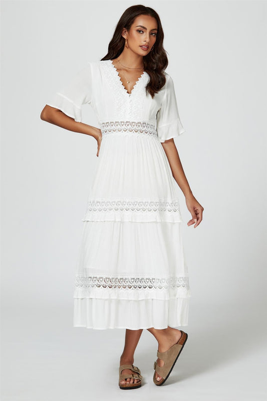 V Neck Lace Detail Midi Dress In White
