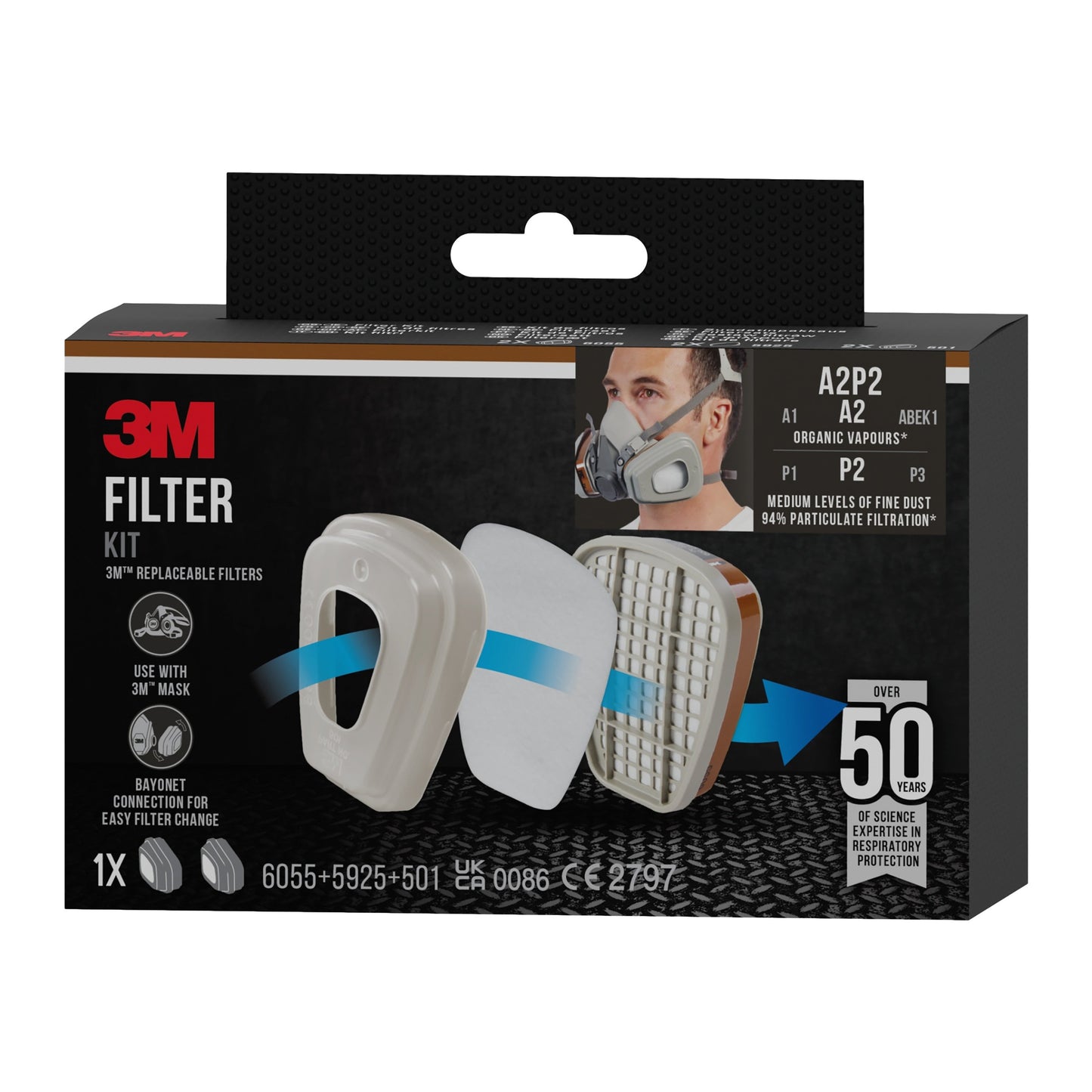 3M™ Filtersatz 6002-1SP, A2P2 organische Dämpfe (2x6055, 2x5925, 2x501) | Packung (1 Stück)