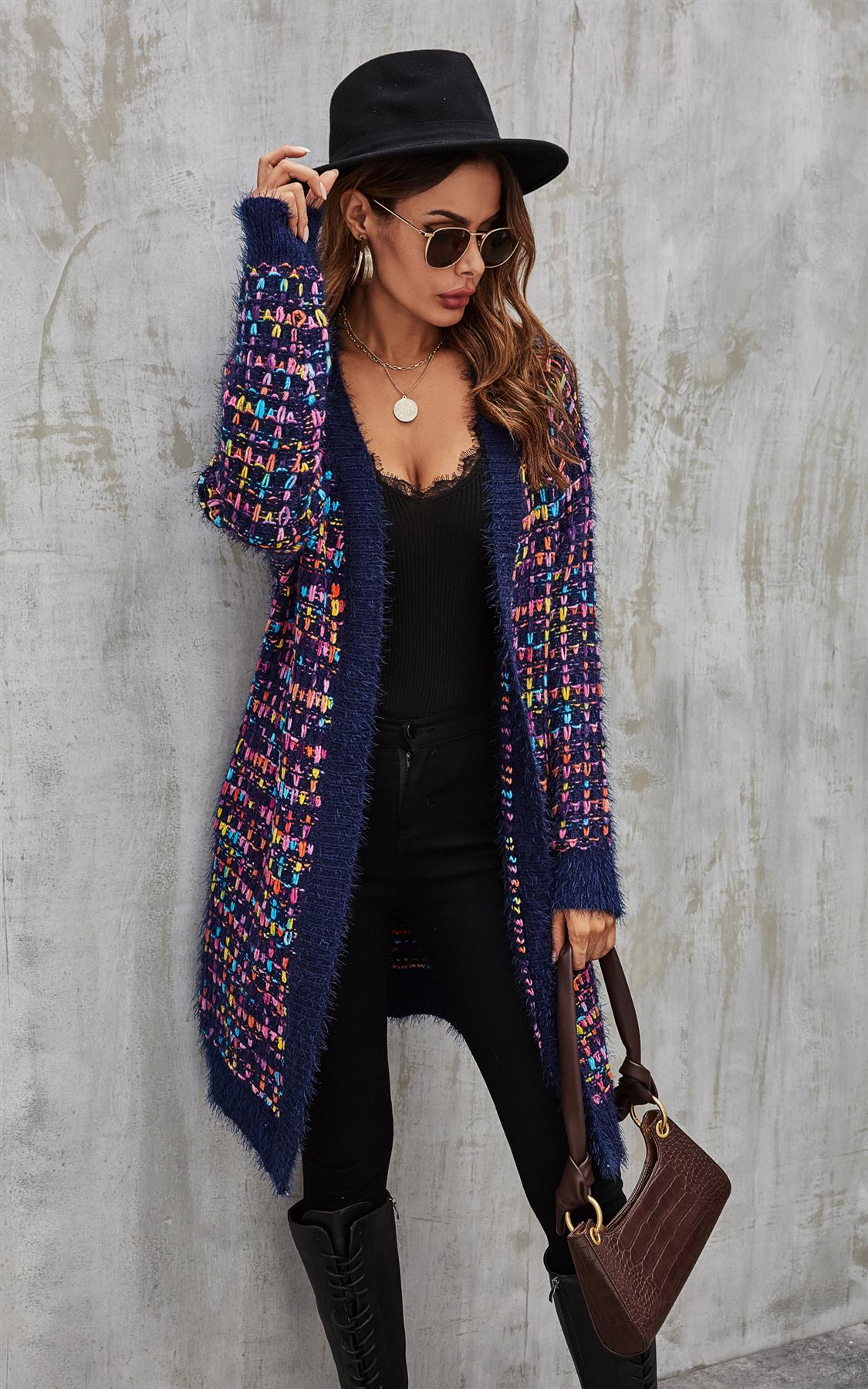 Pink mix Multi color Speckles Boucle Check Cardigan In Navy