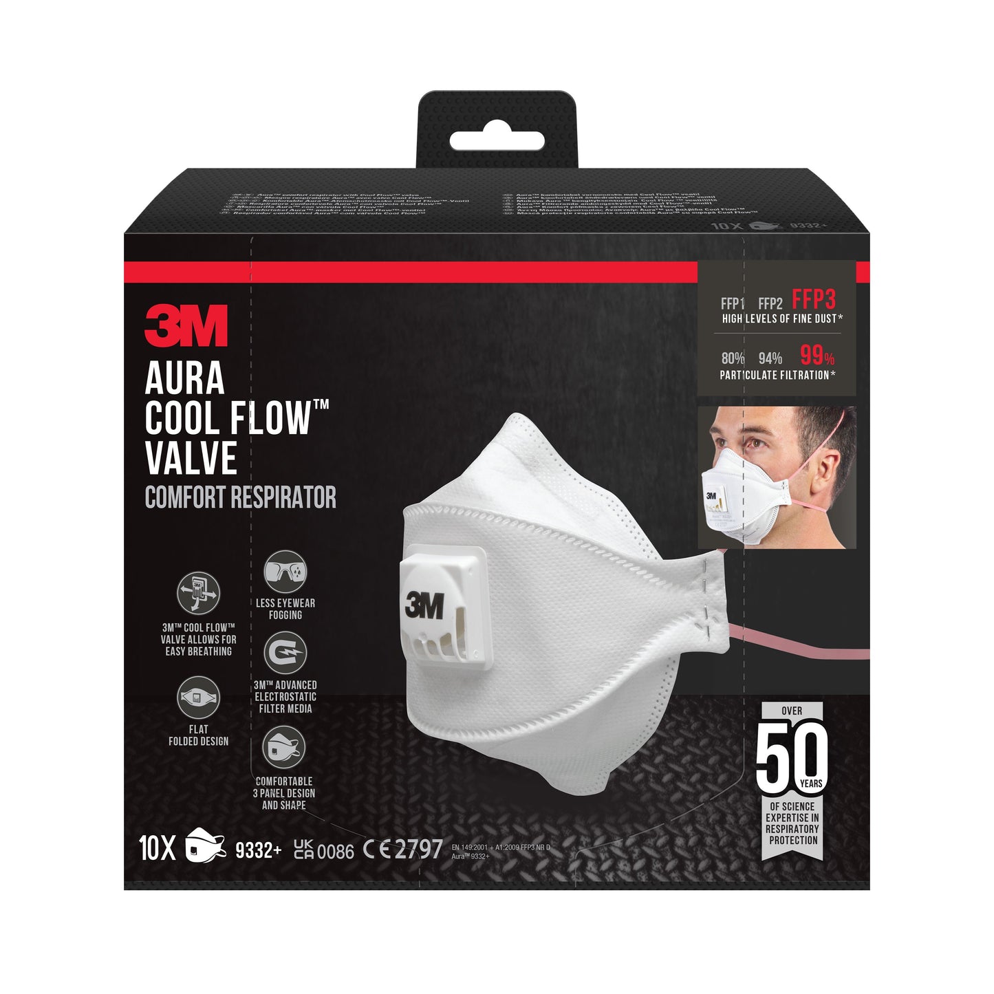 3M™ Aura™ Comfort Cool Flow™ Partikelmaske 9332+, FFP3, mit Ventil