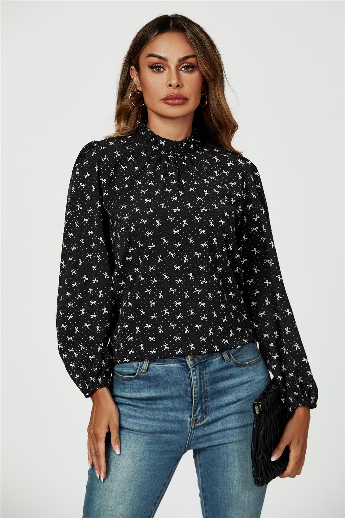 Bow Print Frill Detail High Neck Top In Black