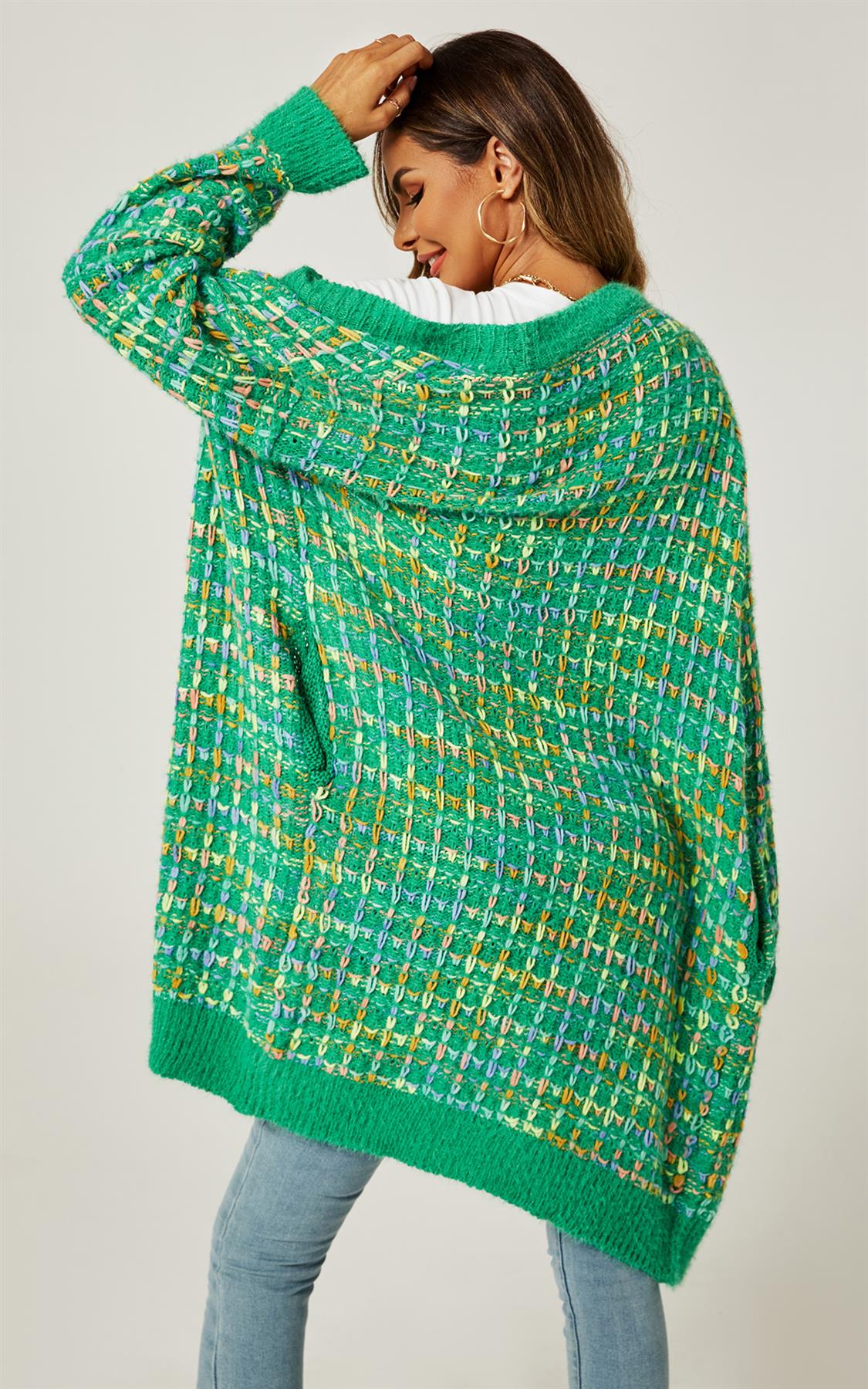Green Boucle Check Cardigan In Rainbow Multicolour Speckles