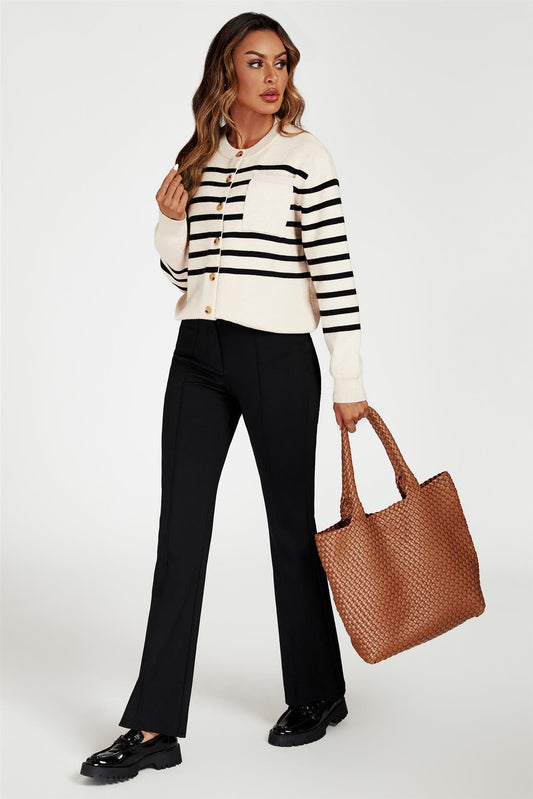 Pocket Stripe Knitted Cardigan In Cream