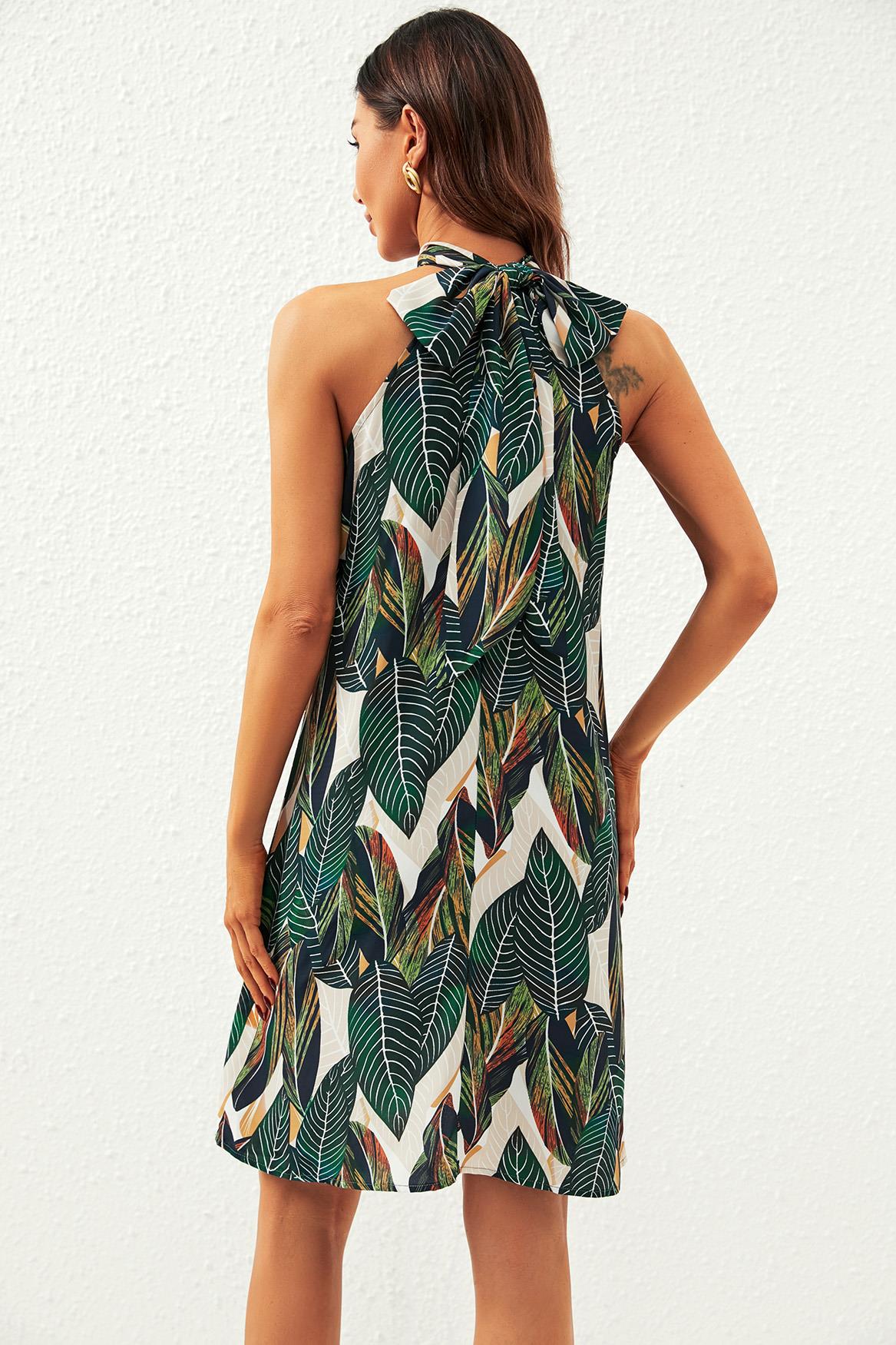 Leaf Print Halter Neck Tie Back Mini Dress In Green