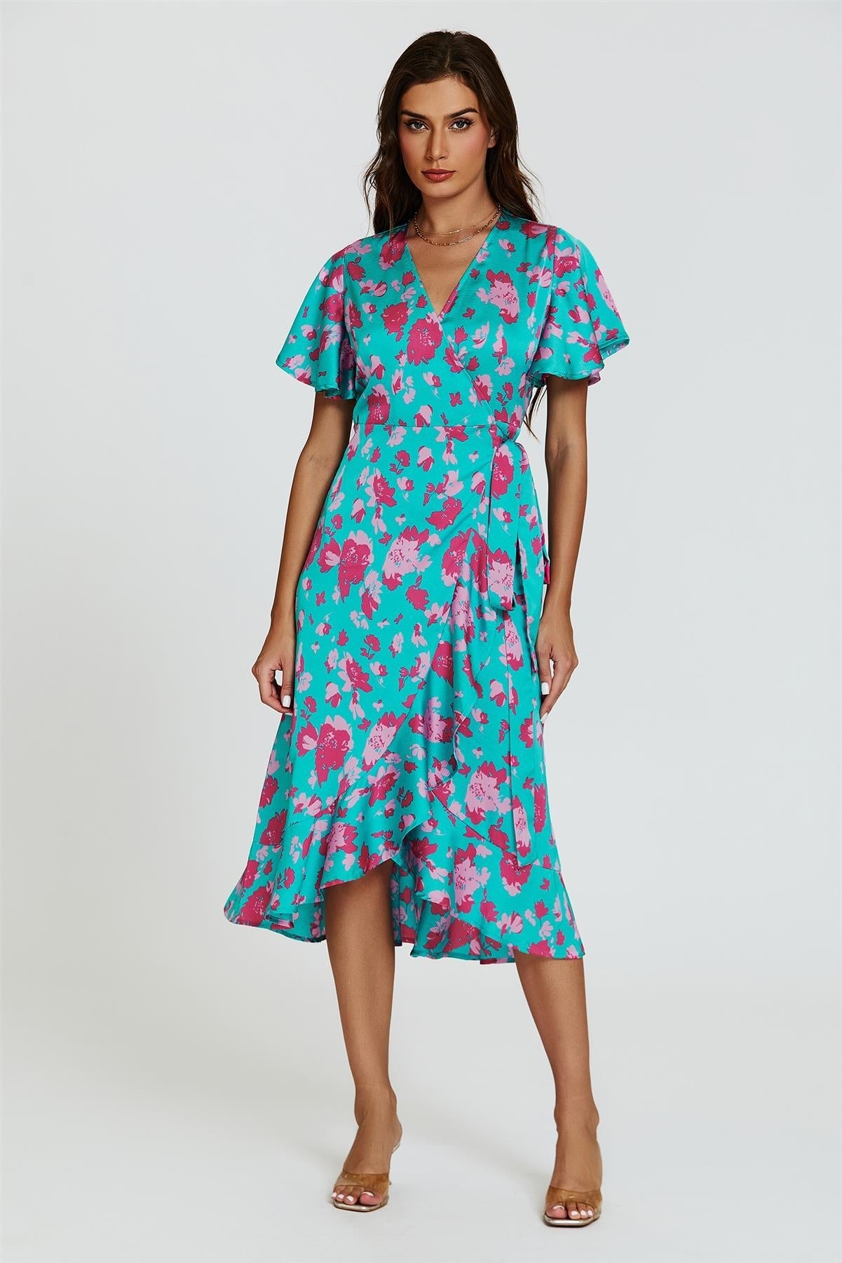 Turquoise &amp; Hot Pink Print Angel Sleeve Wrap Midi Dress