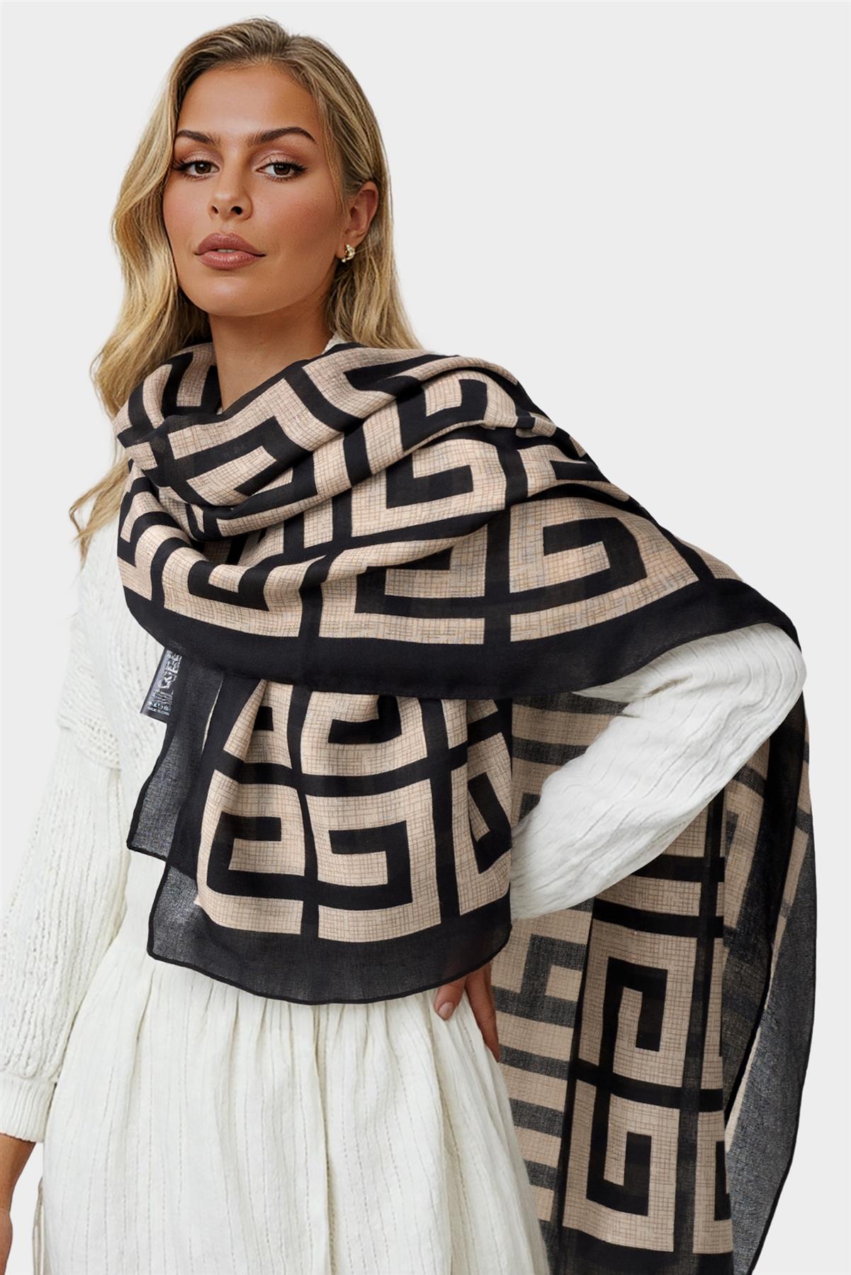 Geo Print Scarf In Beige &amp; Black