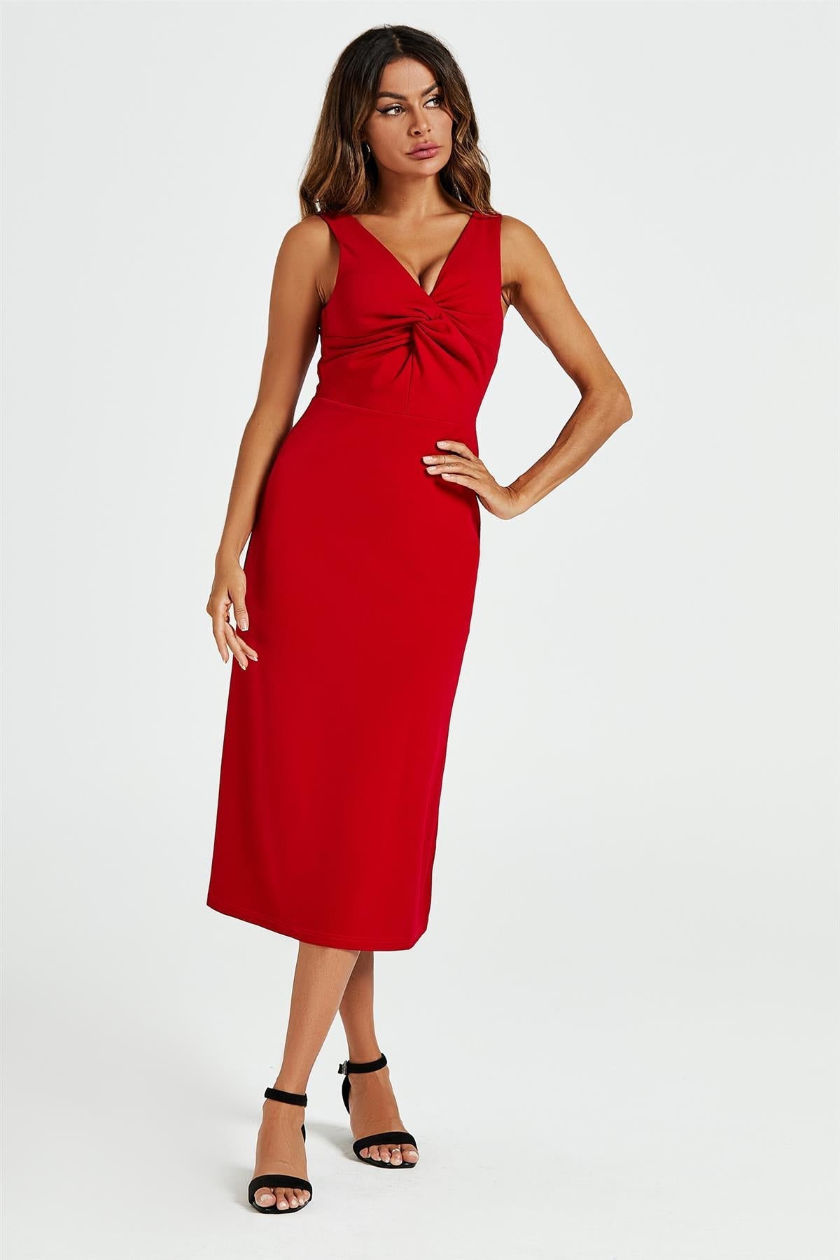 V Neck Knot Front Midi Dress In Red 