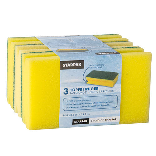 Starpak 3 Topfreiniger, Schwamm Jumbo eckig 4,1 cm x 14,8 cm x 8,5 cm gelb/grün mit Griffrille, kratzend | Banderole (3 Stück)