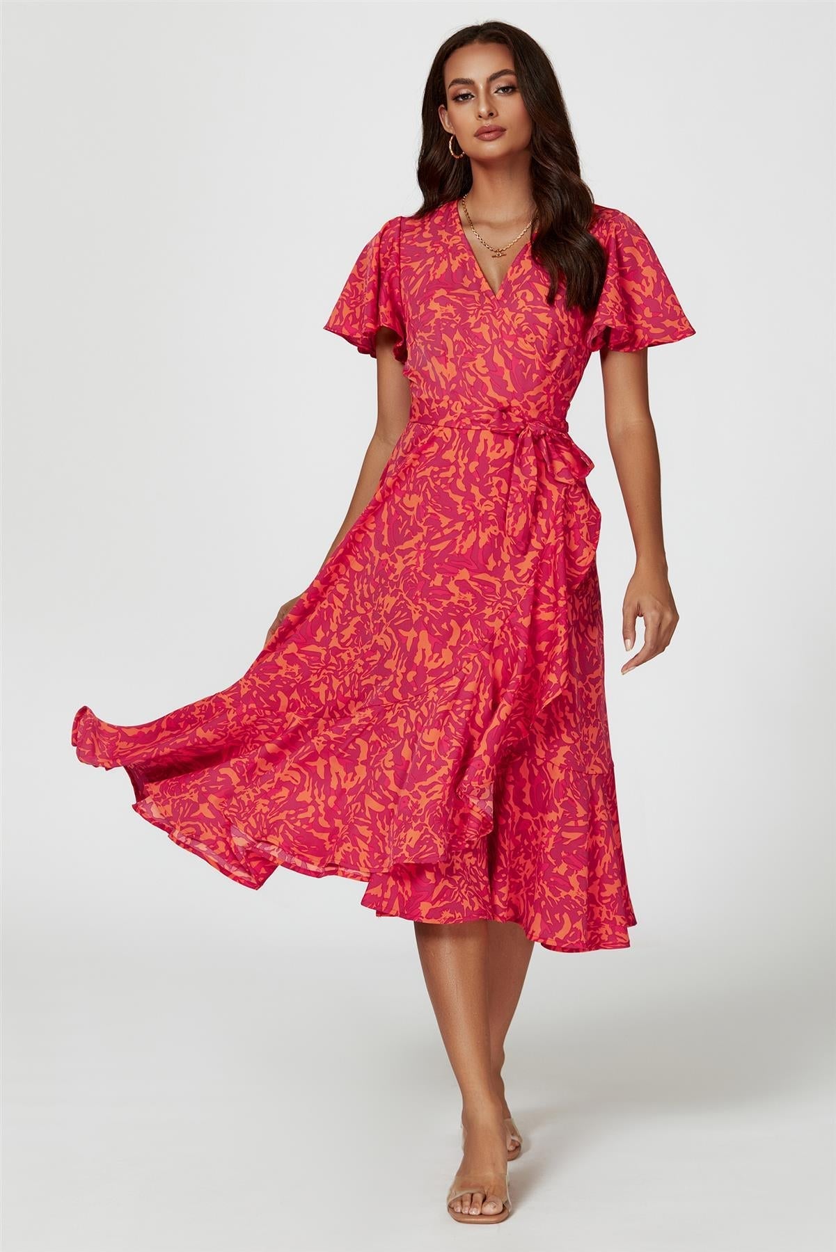 Abstract Print Midi Wrap Dress In Fuchsia