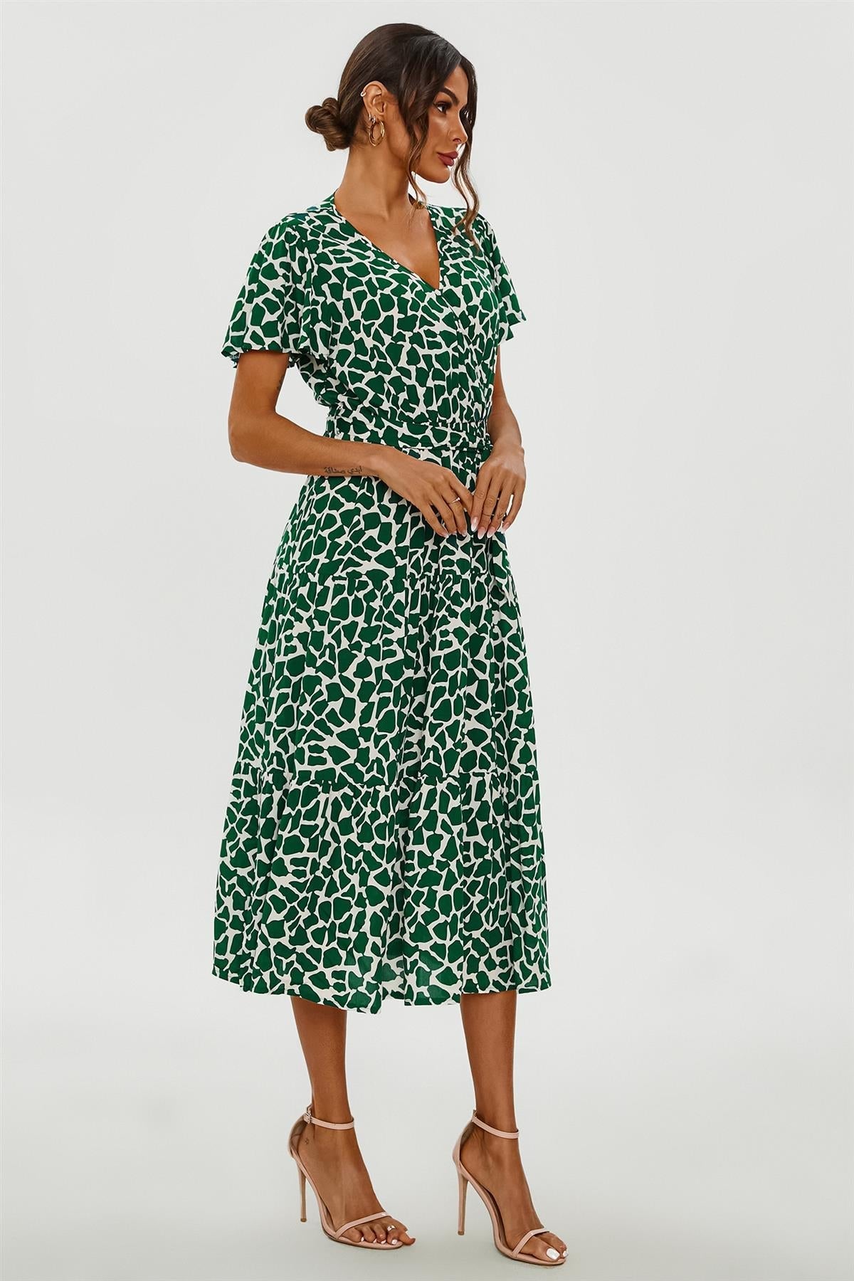 Geo Print Hem Tiered Wrap Midi Dress In Green